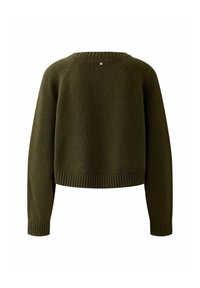 Olijfgroene cropped trui met een geribbelde onderrand en mouwen, voorzien van een ronde halslijn en een kleine decoratieve knop aan de achterkant.