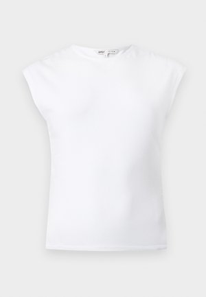 Λευκό αμάνικο τοπ με επενδυμένους ώμους και στρογγυλή λαιμόκοψη, απλός σχεδιασμός, παρουσιάζεται σε ανοιχτό γκρι φόντο.