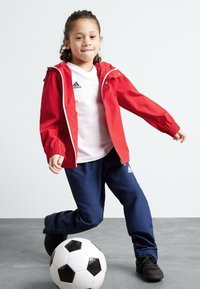 Röd vattentät jacka med elastiska muddar, vit t-shirt med logotyp, marinblå träningsbyxor och svarta sneakers, som står bredvid en svart och vit fotboll.