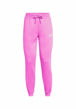 Joggers en polaire rose avec une taille élastique et un cordon de serrage. Dotés de poches latérales et d'un logo Under Armour blanc sur la cuisse gauche.