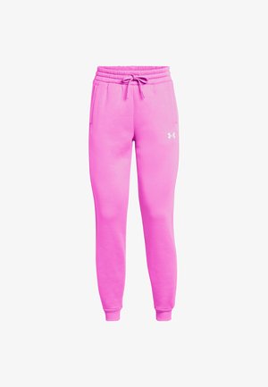 Pink fleece joggers with an elastic waistband and drawstring. Features side pockets and a white Under Armour logo on the left thigh.