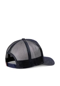 Navy blue baseball cap with mesh rear panel, curved brim, adjustable strap, and textured fabric featuring a grid pattern.