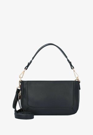 Schwarze Lederhandtasche mit strukturiertem Design, einem oberen Griff und einem abnehmbaren Schulterriemen. Verfügt über Hardware in Goldfarbe und gestickte Details.