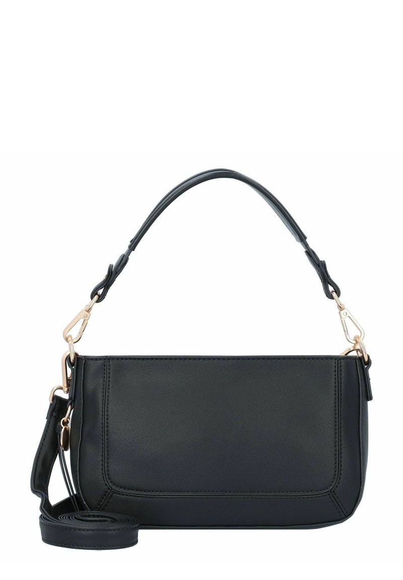 Schwarze Lederhandtasche mit strukturiertem Design, einem oberen Griff und einem abnehmbaren Schulterriemen. Verfügt über Hardware in Goldfarbe und gestickte Details.