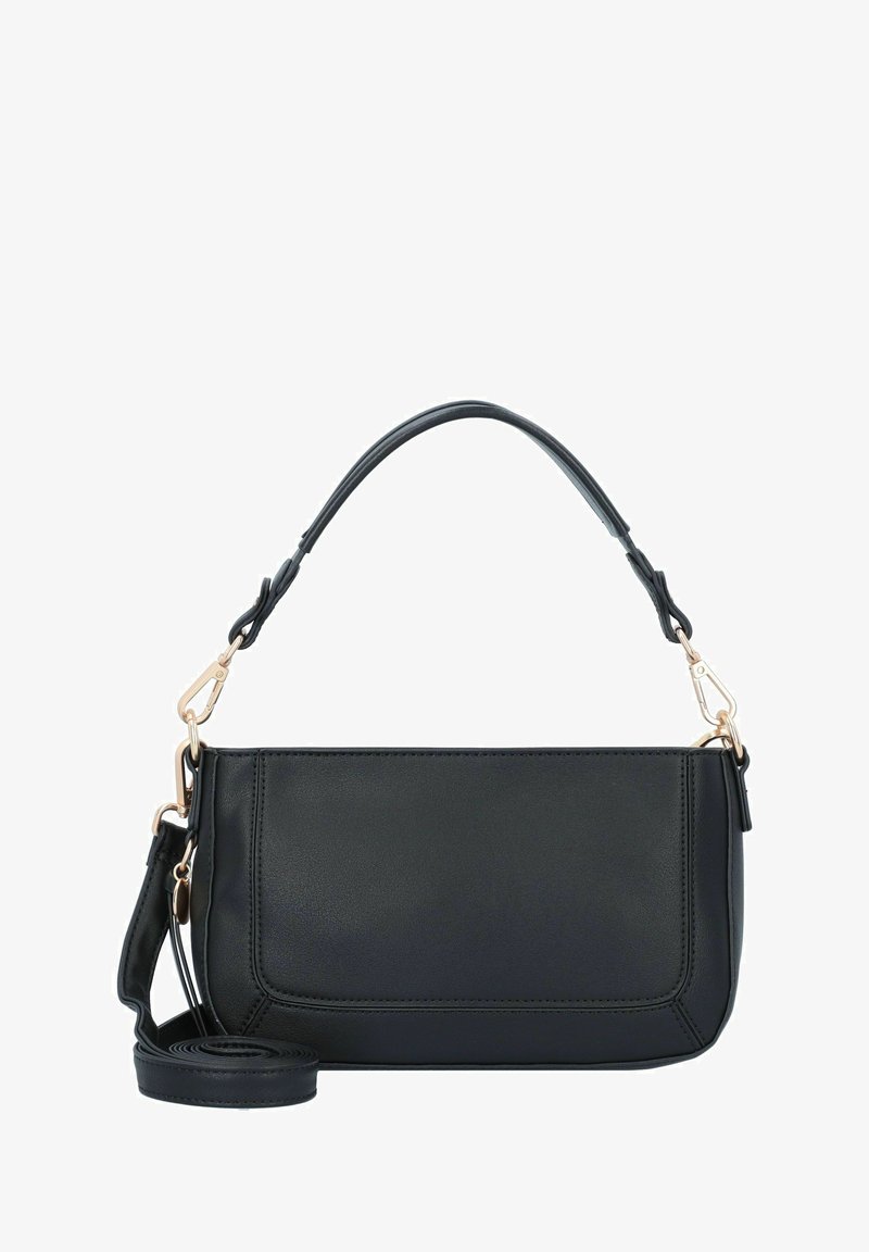 Borsa a mano in pelle nera con una forma strutturata, manico superiore e tracolla staccabile. Presenta dettagli in metallo color oro e cuciture decorative.