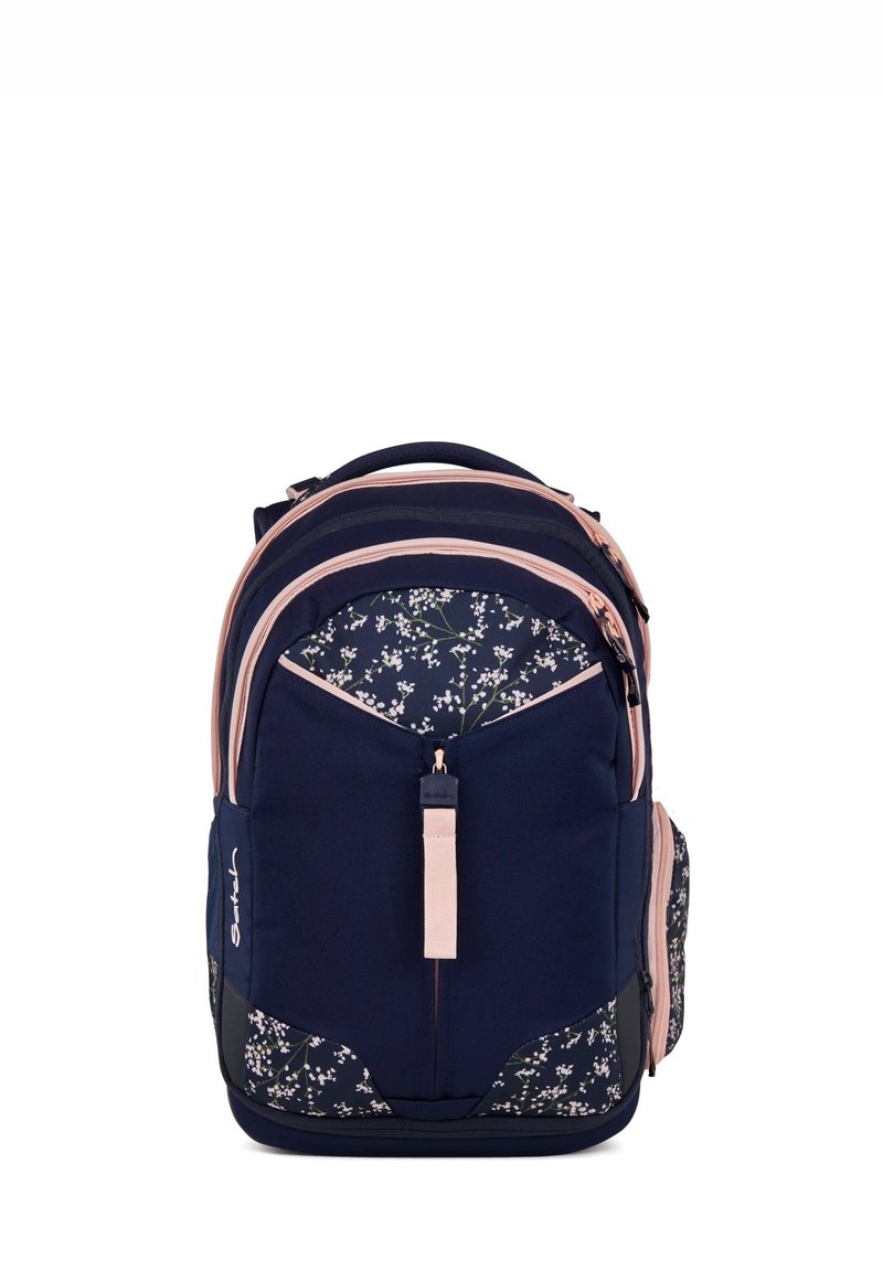 Marineblauer Rucksack mit floralem Muster, pinken Akzenten, mehreren Fächern, gepolsterten Trägern und Reißverschlussverschlüssen. Strapazierfähiger Stoff mit strukturierten Details.