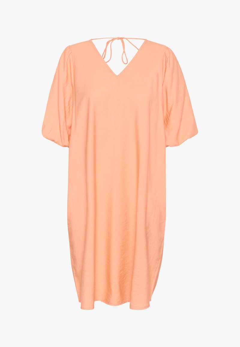 Robe pêche mi-longue avec manches courtes bouffantes, encolure en V et détail de nouage dans le dos. Tissu doux et fluide avec une coupe décontractée.