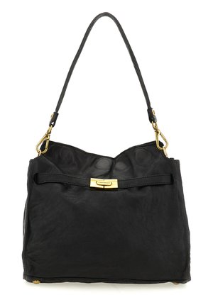 Borsa a tracolla in pelle nera con chiusura e ferrature dorate, tracolla singola, forma rettangolare e nome del marchio sulla chiusura.