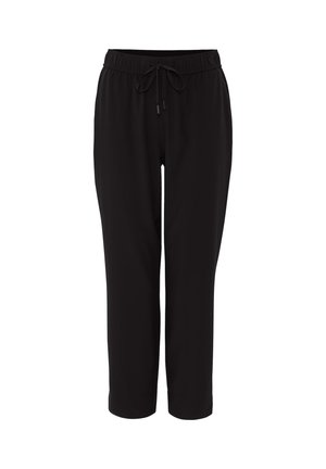 Zwarte joggingsbroek met elastische tailleband en een trekkingkoord, taps toelopende benen en een gladde textuur. Geen zichtbare patronen of hardwaredetails.