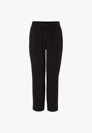 Black elastic-waist jogger pants with a drawstring, tapered legs, and a smooth texture. No visible patterns or hardware details.
