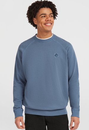 Blue sweatshirt made of soft fabric with a round neck, ribbed cuffs, and hem. Features a small circular logo on the chest.