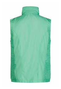 Leichte, ärmellose Weste in einer einheitlichen mintgrünen Farbe. Verfügt über einen hohen Kragen und strukturierte Seitenpaneele mit gerafftem Stoff. Glatte Oberfläche.