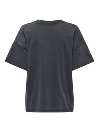 T-shirt oversize gris foncé à manches courtes avec un col rond, vu de dos sur fond blanc.