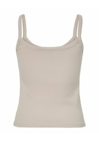 Ribbed top w stylu tank w jasnym beżu. Posiada cienkie ramiączka, okrągły dekolt i dopasowany krój. Miękki, rozciągliwy materiał.