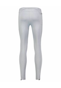 Leggings grigio chiaro realizzati in tessuto elastico, caratterizzati da una texture liscia, una zip alla caviglia e una tasca sul retro.