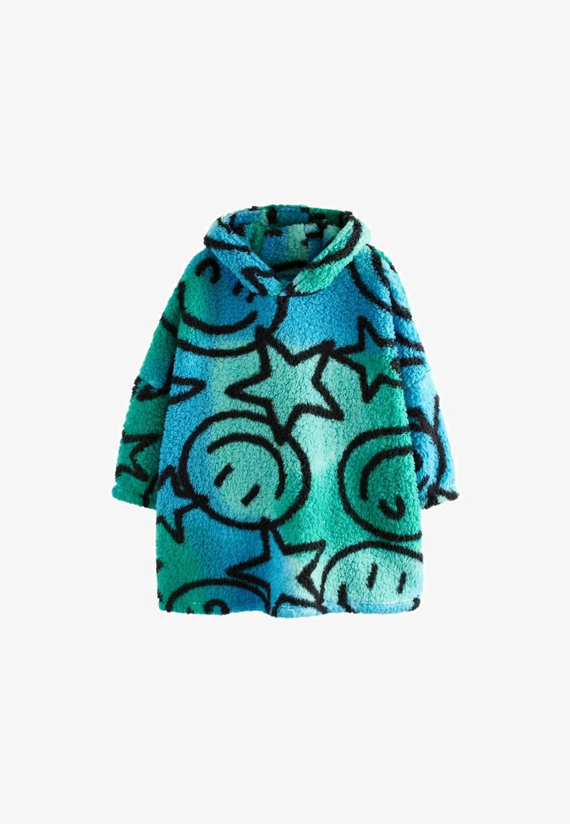 Fleece-Übergroßer Kapuzenponcho in blau-grünem Farbverlauf mit schwarzen Smiley-Gesichtern und Sternen. Weicher Stoff, lässiges Design, gemütlicher Sitz.