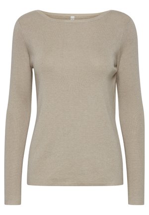 Béžový sveter s dlhým rukávom ribbed textúrou a širokým výstrihom. Hladká tkanina s priliehavým strihom, minimálne značenie pri golieri.