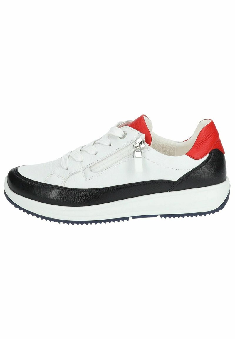 Sneaker in pelle bianca e nera con accenti rossi, punta rotonda, design con lacci e dettaglio con zip laterale. Suola in gomma testurizzata.