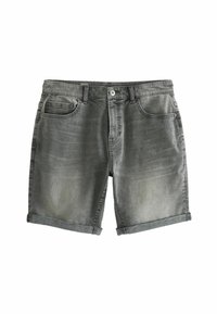Shorts de mezclilla gris con un acabado ligeramente desgastado, con dobladillos enrollados, cinco bolsillo y un cierre de botón en la parte delantera.