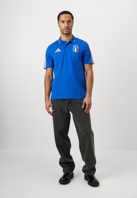 Μπλε πόλο μπλούζα με γιακά, με το έμβλημα της ιταλικής σημαίας. Συνδυασμένη με σκούρες γκρι τζιν και μαύρα παπούτσια. Λογότυπο Adidas στα μανίκια.