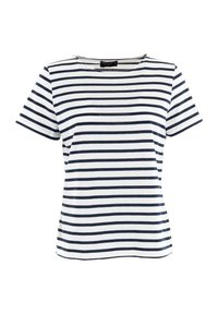 Camiseta a rayas de mangas cortas, con rayas horizontales en azul marino y blanco, escote redondo y una suave textura de algodón.