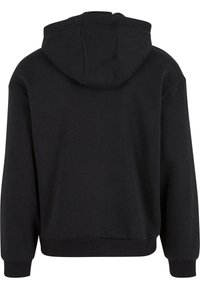 Felpa nera con cappuccio ampio, polsini e orlo a coste. Realizzata in materiale morbido, presenta un design semplice senza loghi o decorazioni visibili.