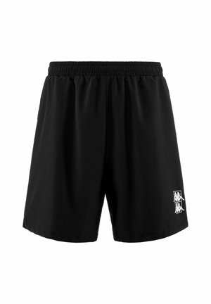 Pantaloni corti neri realizzati in tessuto leggero, con vita elasticizzata e un logo grafico bianco sul lato inferiore. Design classico.