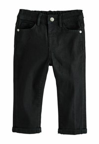 Črne denim hlače slim fit kroja, z gumbom za zapiranje, zankami za pas in zavitimi robovi. Imajo štiri žepke z srebrnimi detajli.