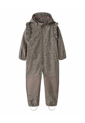 Combinaison à capuche pour enfant avec petit imprimé floral, détails froncés aux épaules, poignets élastiques, renforts aux genoux et sangles aux pieds.