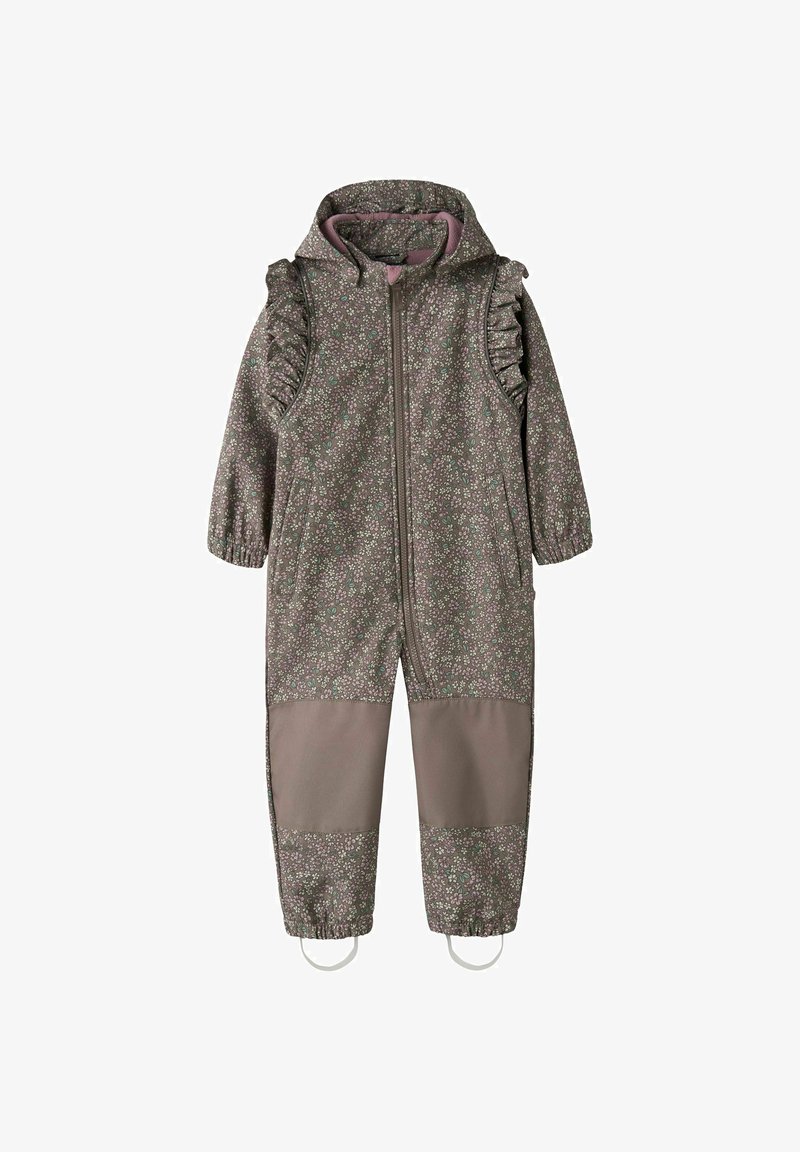 Combinaison à capuche pour enfant avec petit imprimé floral, détails froncés aux épaules, poignets élastiques, renforts aux genoux et sangles aux pieds.