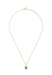 Collana in oro con pendente a forma di ottagono in pietra verde, circondato da un'aureola di piccole pietre trasparenti, design elegante e lucido.