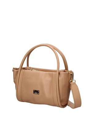 Beige leren handtas met dubbele afgeronde handvatten, afneembare schouderriem en goudkleurige rits en logoplaatje aan de voorkant.