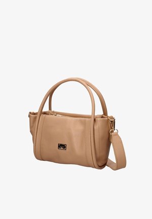 Beige leren handtas met dubbele afgeronde handvatten, afneembare schouderriem en goudkleurige rits en logoplaatje aan de voorkant.