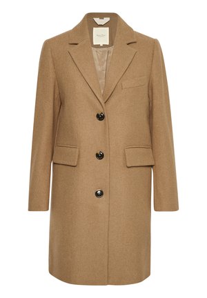 Kamiešu vilnas maisījuma mētelis ar strukturētu siluetu, izgrieztiem klapjiem, vienkāršu pogu aizdari un divām priekšējām kabatām.