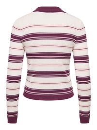 Pull en maille côtelée à manches longues avec des rayures horizontales prune, rose et blanc, et un col prune, vu de dos.