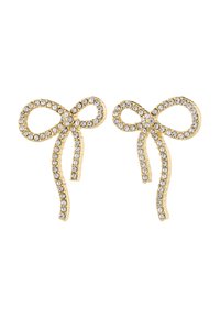 Orecchini in tonalità oro a forma di fiocchi, decorati con strass trasparenti, caratterizzati da anelli e code intricate per un design dettagliato.