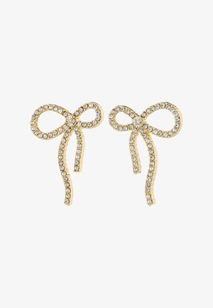 Gold-tone earrings shaped like bows, embellished with clear rhinestones, featuring intricate loops and tails for a detailed design.