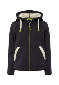 Felpa con zip grigio scuro e interno morbido color crema, con zip di contrasto verde lime e accenti di tasche color crema. Presenta un cappuccio e polsini a coste.