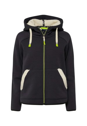 Felpa con zip grigio scuro e interno morbido color crema, con zip di contrasto verde lime e accenti di tasche color crema. Presenta un cappuccio e polsini a coste.