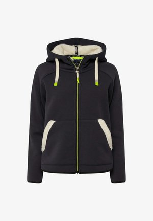 Dunkelgraue Zip-Hoodie mit weichem cremefarbenen Innenfutter, kontrastierendem limettengrünem Reißverschluss und cremefarbenen Taschenakzenten. Verfügt über eine Kapuze und gerippte Bündchen.