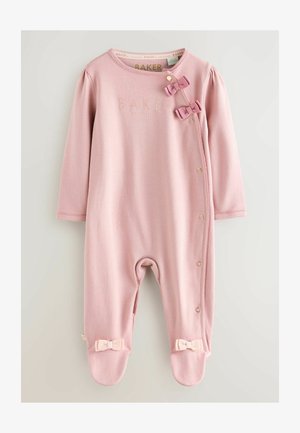 Romper infantile rosa chiaro con maniche lunghe, caratterizzato da due fiocchi decorativi, bottoni a pressione lungo il lato e un morbido tessuto di cotone.