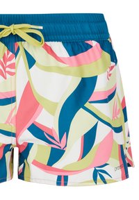 Costume da bagno in un motivo tropicale multicolore con tonalità di rosa, verde e blu, dotato di una cintura elastica e chiusura con cordino.