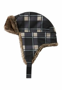 Czapka uszatka w czarno-szarą kratę z futrzanym podszyciem i nausznikami, wyposażona w pasek pod brodę zapewniający pewne dopasowanie.