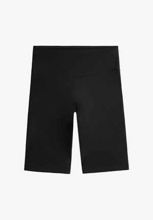 Sorte cykelshorts lavet af strækbart materiale. Har en høj talje, glat tekstur og knælængde design uden synlige sømme eller mønstre.