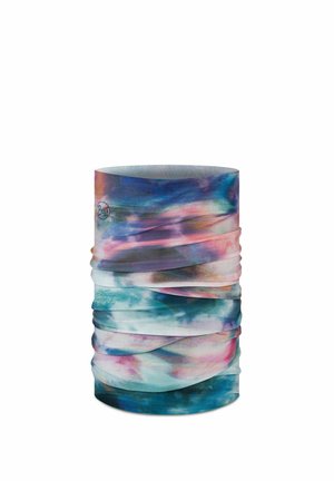 Multicolored tubular fabric neck gaiter with blue, pink, purple, and white abstract tie-dye pattern, branded with small Buff logo.