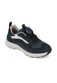 Zapatilla deportiva azul oscuro con parte superior de malla, acentos blancos y un sistema de cordones con perilla circular. Presenta una suela acolchada con una banda de rodadura texturizada.