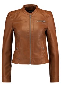 Brun læderjakke med lynlås foran, struktureret krave, sidelommer og diskrete syningsdetaljer. Har sølvfarvede metaldetaljer.