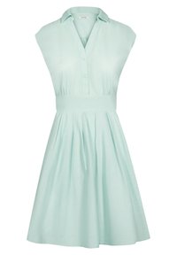 Mint green, short-sleeve dress with a collar, button front, and gathered waistband. Flared skirt with pleats for added volume.