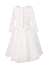 Bílé šaty s dlouhými rukávy, krajkový korzet s květinovými vzory a tylová sukně. Zapínání na zip vzadu.