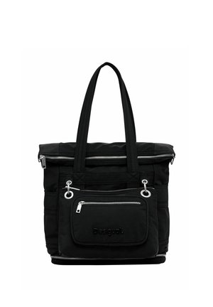 Sac cabas noir avec deux longues anses, poche avant zippée, détails de fermeture éclair argentés et petite pochette fixée à l'avant.
